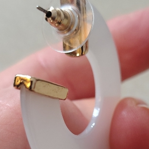 Chunky Iridescent White and Gold Hoop Earrings - Picture 2 of 2